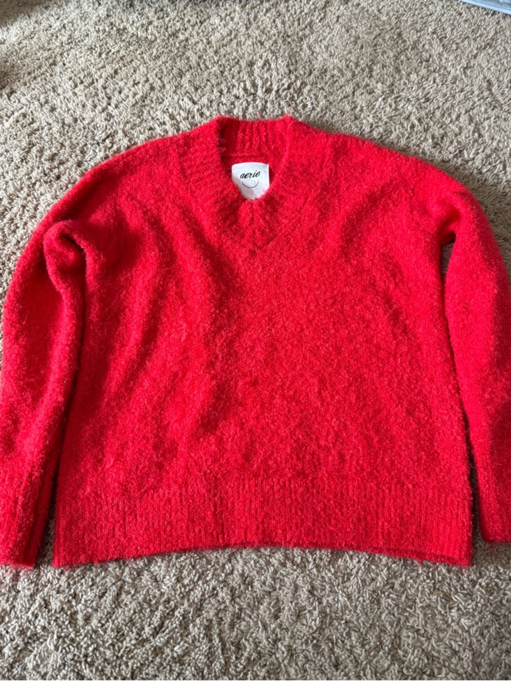 Aerie Red Oversized Fuzzy V-Neck Sweater - XXS